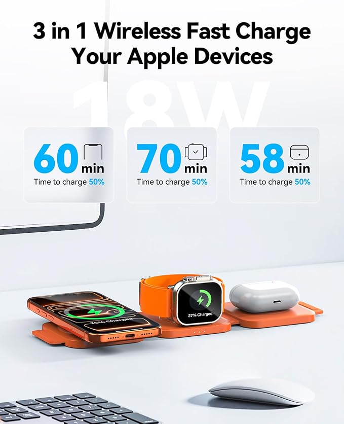 3 in 1 Charging Station for Apple Multiple Devices, Foldable Magnetic Fast Wireless Charger Dock, Travel Charging Pad for iPhone 17 16 15 14 13 12 Pro Max Plus Apple Watch Series & AirPods Orange