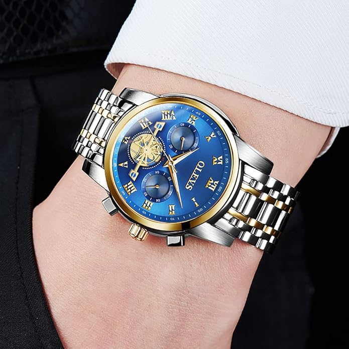 OLEVS Mens Watches Fashion Casual Analog Quartz Watch Waterproof Dress Wrist Watches with Stainless Steel Band Day Window for Men (Band with Gold Blue dial)
