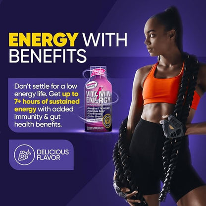 Vitamin Energy Immune+ Extra Strength Energy Shot Grape 24 Pack, 260mg Natural Caffeine, B-Vitamins, Citicoline, Green Tea, Immunity & Focus Support, Zero Sugar, Gluten-Free 1.93 fl oz