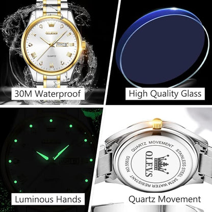 Men's Casual Stainless Steel Watch, Big Face Easy to Read Analog Quartz Watch with Day and Date, Classic Waterproof Diamond Roman Arabic Numerals Dial Dress Watch for Men, Gold Silver Black Band