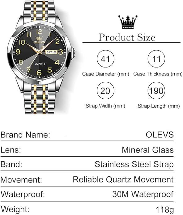 Men's Casual Stainless Steel Watch, Big Face Easy to Read Analog Quartz Watch with Day and Date, Classic Waterproof Diamond Roman Arabic Numerals Dial Dress Watch for Men, Gold Silver Black Band