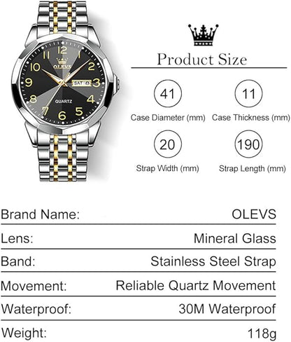 Men's Casual Stainless Steel Watch, Big Face Easy to Read Analog Quartz Watch with Day and Date, Classic Waterproof Diamond Roman Arabic Numerals Dial Dress Watch for Men, Gold Silver Black Band