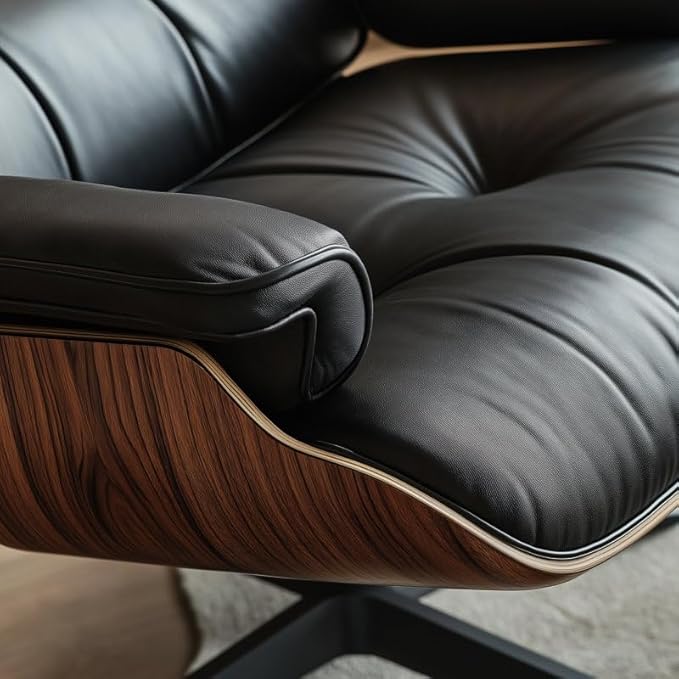 Mid Century Chaise Lounge Chair with Ottoman, Top Black Grain Leather, Modern Office Chair Classic Design, Heavy Duty Base Support for Living Room Study Lounge Office
