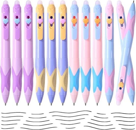 12Pcs Cute Retractable Erasable Gel Pens, Fine Point 0.5mm Black Ink Pen with Eraser，Comfort Grip for Smooth Writing Note Taking Marking Planner Crossword Puzzles (Black Ink)