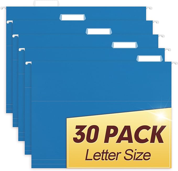 HERKKA Hanging File Folders, 30 Pack Reinforced Letter Size Hanging Folders, Designed for Bulky Files, Filing Cabinet, 1/5-Cut Adjustable Tabs (Lightblue)