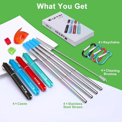 Kynup 4Packs Reusable Straws, Metal Straw with Silicon, Travel Drinking Straws with Case, Keychain, Cleaning Brushes, Silicon Pcs Perfect for Travel, Gifts (20 PCS) Blue-Black-Red-Turquoise