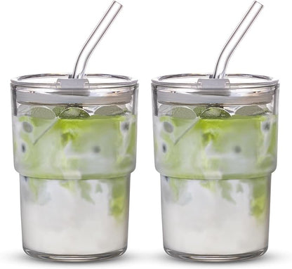 13oz/400ml Tumbler Water Glass, Cups with Straw and Lid Sealed Carry on for Coffee, Iced Tea, Thick Wall Insulated Glass Cup (white,2pack)