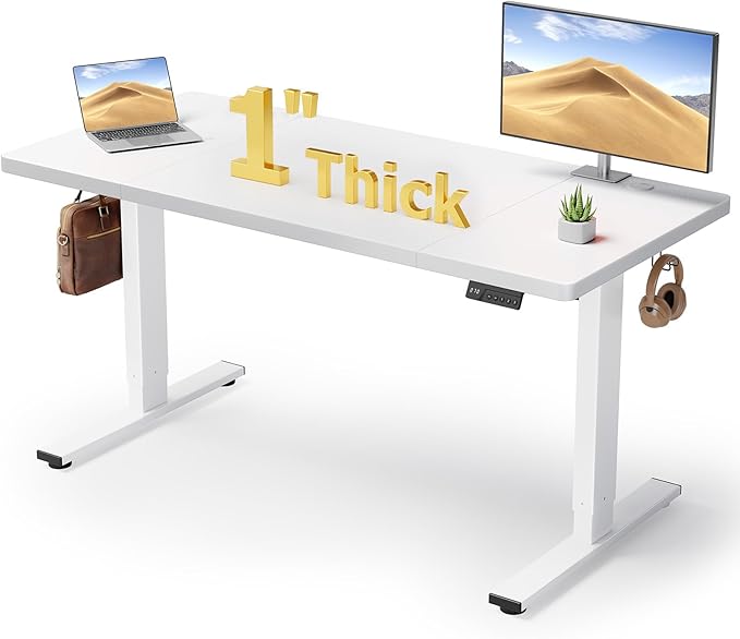 Electric Standing Desk Adjustable - 60x28 Inch Sit Stand Desk with 1 Inch Thick Tabletop, Double Beam Frame, 3 Memory Height Adjustment, Cable Management for Home Office