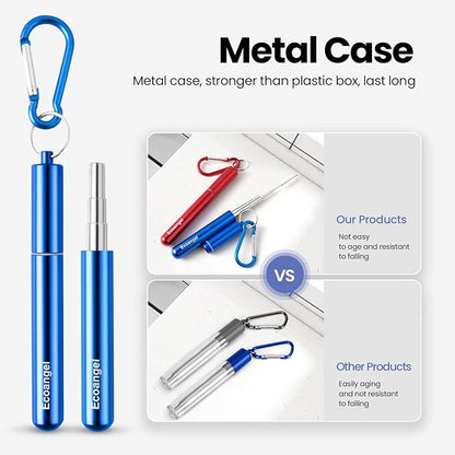 Cruise Ship Essentials,4-Pack reusable Collapsible Stainless Steel Drinking Straws with Aluminum Case,Cleaning Brush,and Keychains (Black&rose gold&silver&red)