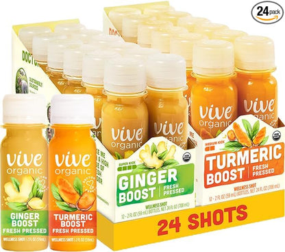 Vive Organic Immune Support Ginger Shot + Turmeric Shot Variety Pack, Cold-Pressed Ginger Root & Turmeric, Gluten Free, Vegan, Immunity Booster, 2 Fl Oz (Pack of 24)