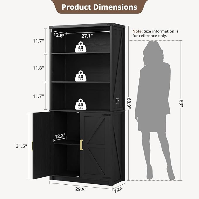 HWB Bookshelf and Bookcase with Doors, Farmhouse 5 Tier Book Shelves with Storage Cabinet, Floor Standing Bookcases with 3-Color Lights for Home Office, Living Room, Bedroom, Black
