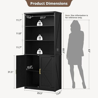 HWB Bookshelf and Bookcase with Doors, Farmhouse 5 Tier Book Shelves with Storage Cabinet, Floor Standing Bookcases with 3-Color Lights for Home Office, Living Room, Bedroom, Black