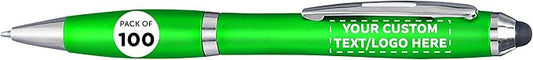 DISCOUNT PROMOS Custom Plastic Stylus Pens Set of 100, Personalized Bulk Pack - Black Ink, Great for Office, School, Business, Tradeshows, Events - Green