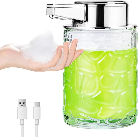 Automatic Touchless Soap Dispenser, Glass Sensor Hand Sanitizer Dispenser with 1800mAh Rechargeable Battery, Waterproof Design for Kitchen & Bathroom (Silver Foam Type)