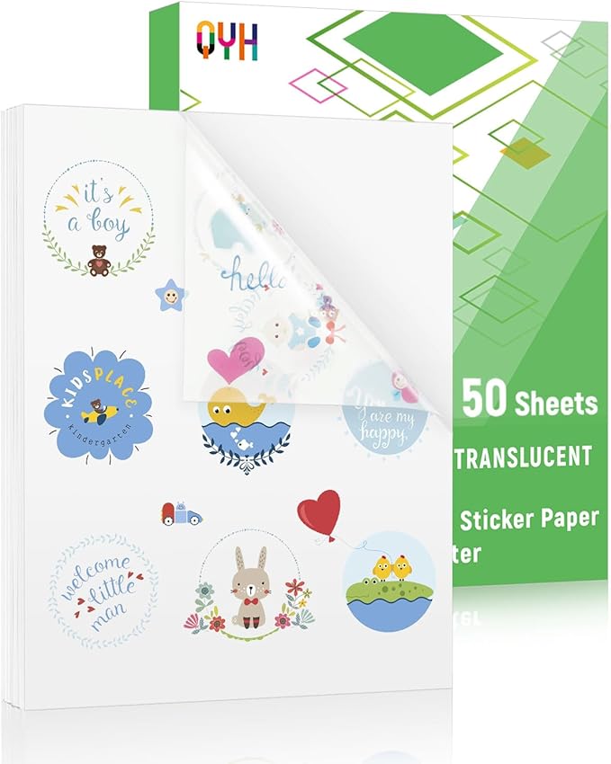 QYH Translucent Sticker Paper for Inkjet Printer – 50 Sheets 8.5"x11" Semi-Clear Printable Vinyl Sticker Paper, Waterproof Self-Adhesive, Compatible with Cricut, Labels & DIY Crafts