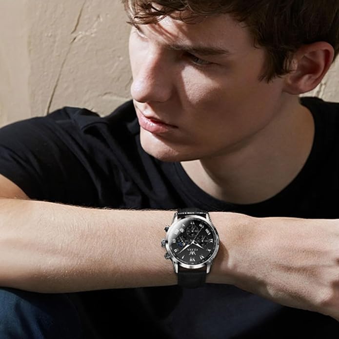 OLEVS Men's Leather Analog Quartz Watch - Luxury Chronograph Wristwatch With Date, Waterproof, Luminous - Dress Style