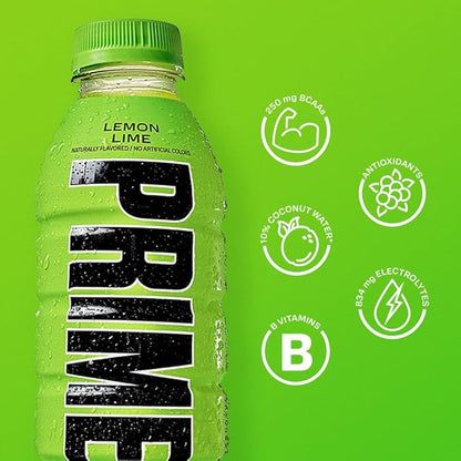 PRIME Hydration LEMON LIME, Sports Drinks, Electrolyte Enhanced for Replenishing Fluids, 250mg BCAAs, B Vitamins, Antioxidants, Low Sugar, 16.9 Fl Oz, 12 Pack