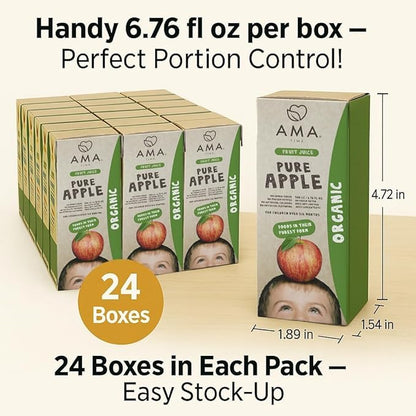 AMA TIME Organic Apple Juice Boxes for Kids – 24 Pack, 6.76 fl oz Each | With Vitamins A & C, USDA Organic, No Added Sugar, Gluten-Free | Perfect for School Lunch, Travel, or Snacks
