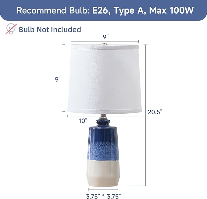 20.5" Ceramic Blue Lamps for Nightstand Set of 2, Blue Table Lamps for Living Room Set of 2, Coastal Table Lamps for Bedroom with White Barrel Lampshade, Blue White Ceramic Lamps for Small Space