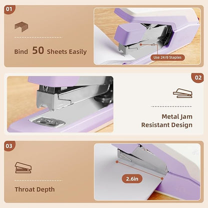 Deli Stapler, Effortless Staplers for Desk, 40-50 Sheet Capacity Heavy Duty, One Touch, No Effort, Easy to Load, with 1500 Staples & Staple Remover, 6 Pack, 3 Colors