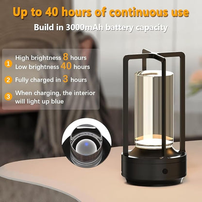 Small Cordless Table Lamps Rechargeable Set of 2 for Indoor/Outdoor, Portable Battery Operated Powered Lamps, Dimmable 3 Color Modes Waterproof, LED Desk Lights for Bedroom/Restaurant/Camping-Black