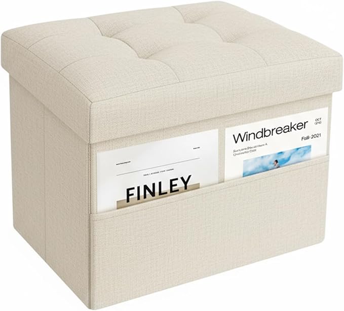 Storage Ottoman,Folding Ottomans with Storage,Linen Ottoman Foot Rest with Pocket,Foot Stool with Thicker Foam Padded for Living Room,Bedroom,Office,Dorm,287 lb Load Capacity,17x13x13in,Beige
