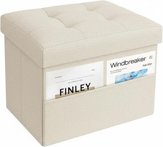 Storage Ottoman,Folding Ottomans with Storage,Linen Ottoman Foot Rest with Pocket,Foot Stool with Thicker Foam Padded for Living Room,Bedroom,Office,Dorm,287 lb Load Capacity,17x13x13in,Beige