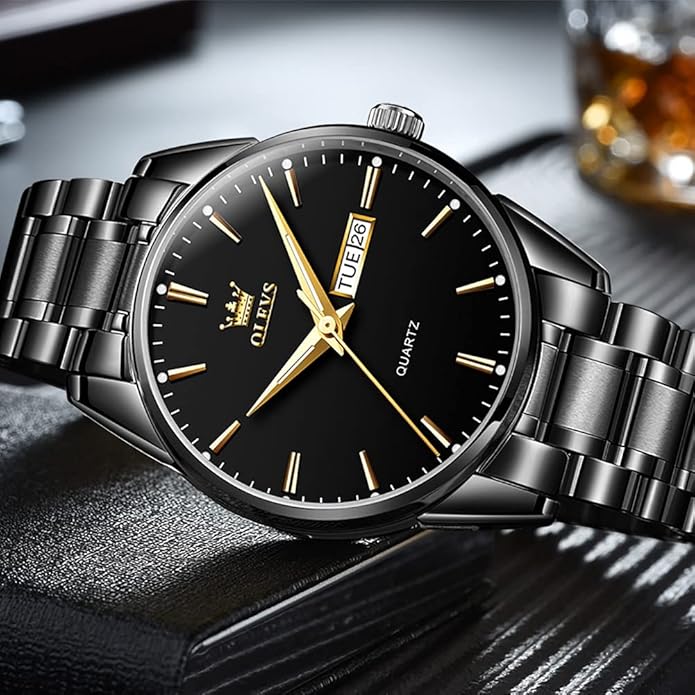 OLEVS Men's Luxury Watch Waterproof Luminous Easy Read Chronograph Watches Full Gold/White Dail/Black Face with Calendar Wristwatch