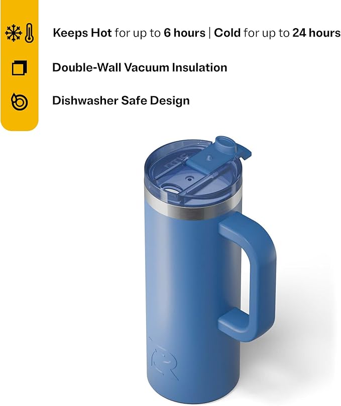 RTIC 20oz Road Trip Travel Mug with Lid and Handle, Ceramic Lined, Insulated, Stainless Steel, Metal, Double Wall Vacuum-Insulation, Portable Coffee, Tea Cup for Hot and Cold Drink, Pond