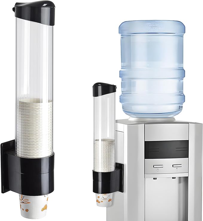 LBTING Cup Dispenser, Water Cooler Pull Type Cup Holder Fits 5oz - 7oz Cone or Flat Bottom Cups, Paste or Screw Plate Wall Mount, 16" Tube Length Black