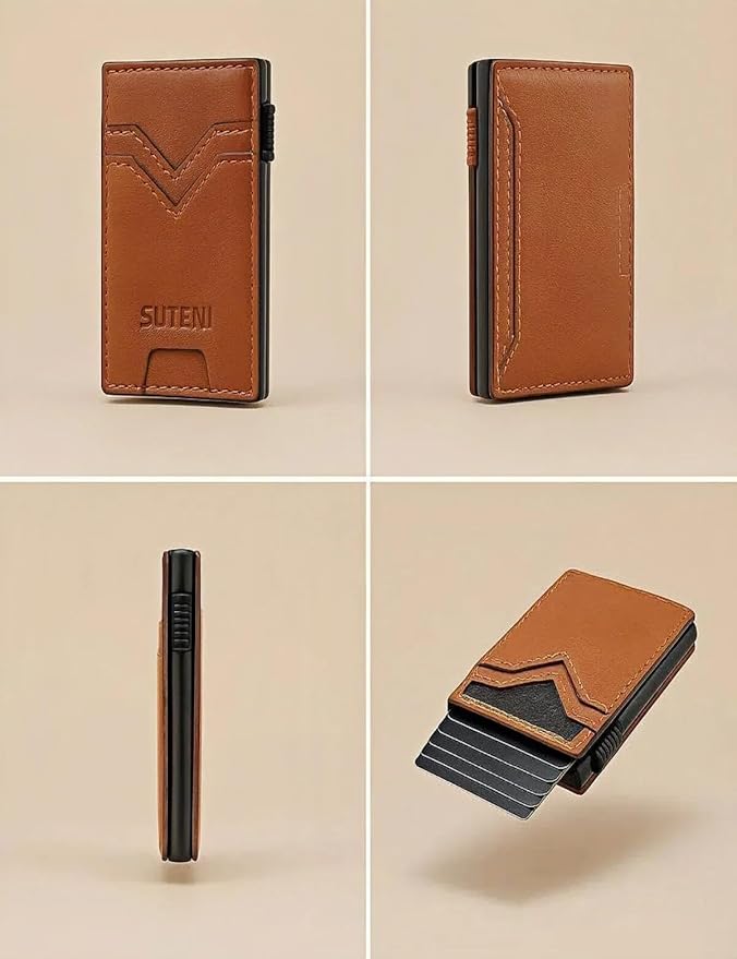 Men's Slim Wallet, RFID Blocking Metal Card Holder, Pop Up Design, Minimalist Style, Holds 9 Cards (Brown)