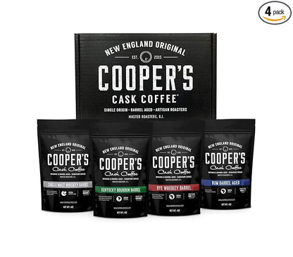 Bourbon & Whiskey Barrel Aged Coffee Box Set - 4-Bag Roasted Coffee Sampler - Bourbon Colombian, Malt Whiskey Sumatra, Rye Whiskey Ethiopian, Rum Barrel Rwanda, (Ground, 4 Ounce (Pack of 4))