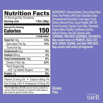 MenoWell Menopause Protein Bars for Women, Weight Management Support, Double Chocolate Brownie, 32% Daily Fiber, Prebiotic, Plant-Based, 7g of Protein, 1g Added Sugar, 10 Count (Pack of 1)