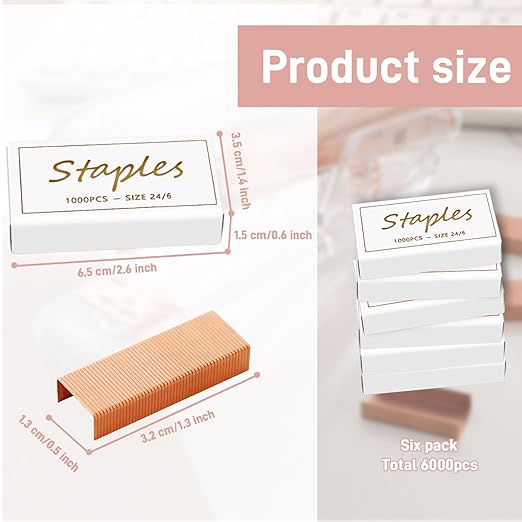 6000pcs 24/6 Colored Rose Gold Staples, Premium Standard Stapler Refill Pins, Staples for Desktop Stapler Home Office Heavy Duty Supply, 50 Per Strip, 6 Box