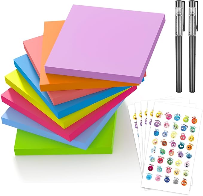 Sticky Notes 3x3 inch, 480 Sheets Colorful Sticky Notes Bulk with 200 Emotional Stickers，2 Pens, Cute Note Taking Self-Adhesive Notes Office，Teacher Supplies, Back to School Essentials
