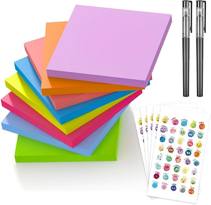 Sticky Notes 3x3 inch, 480 Sheets Colorful Sticky Notes Bulk with 200 Emotional Stickers，2 Pens, Cute Note Taking Self-Adhesive Notes Office，Teacher Supplies, Back to School Essentials