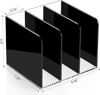 SANRUI Black Acrylic Magazine File Holder, 3 Vertical Compartments Desktap Organizer Folder Rack Workspace Document Sorters, Bookend File Office Accessories Organization Storage