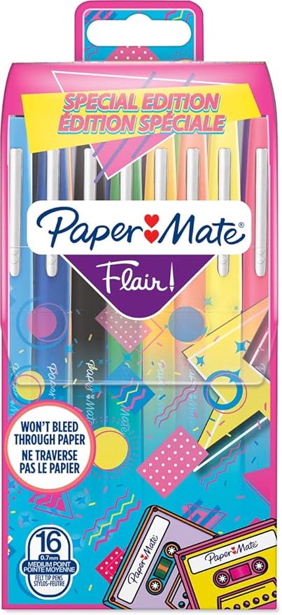 Paper Mate Flair Felt Tip Pens | Medium Point (0.7 mm) Marker Pens | Assorted Retro Colouring Pens | For Kids & Adult Colouring, Journalling & More | 16 Count