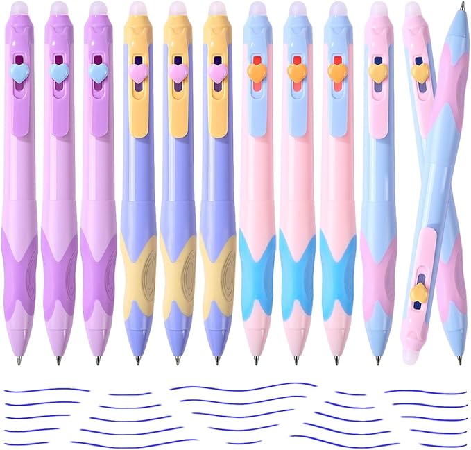 12Pcs Cute Retractable Erasable Gel Pens, Fine Point 0.5mm Blue Ink Pen with Eraser，Comfort Grip for Smooth Writing Note Taking Marking Planner Crossword Puzzles (Blue Ink)