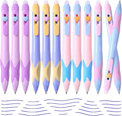 12Pcs Cute Retractable Erasable Gel Pens, Fine Point 0.5mm Blue Ink Pen with Eraser，Comfort Grip for Smooth Writing Note Taking Marking Planner Crossword Puzzles (Blue Ink)