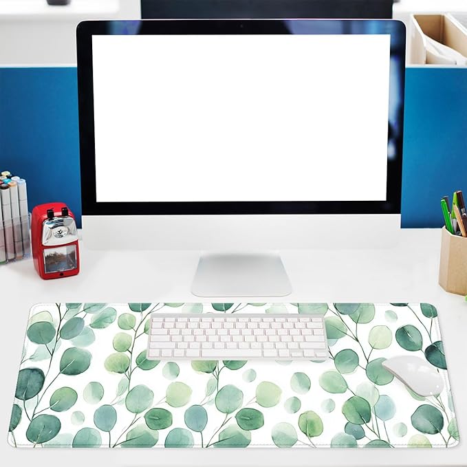 Eucalyptus Leaves Desk Pad Mouse Pad Watercolor Green Botanical Mousepad XL Large Gaming Mouse Pad Laptop Keyboard Mat Desk Pad 31.5"x11.8"