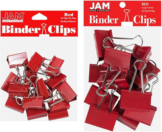 JAM PAPER Colorful Binder Clips Assortment - Medium & Large Size - Red Binderclips - 27 Clips/Pack