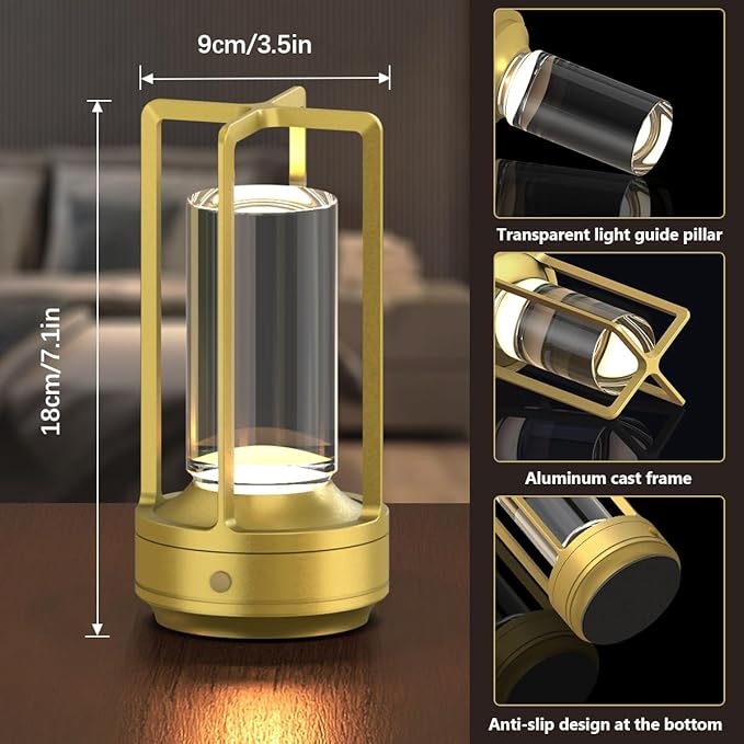 Cordless Portable Table Lamp Rechargeable for Indoor/Outdoor, 3000mAh Small Battery Powered Operated Lights, 3 Color Modes Dimmable Waterproof, LED Desk Lamp for Restaurant/Bedroom/Camping (Gold)