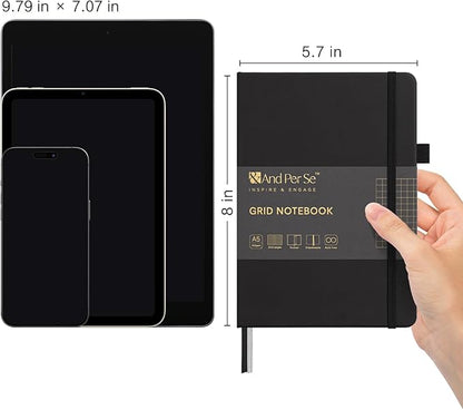 160 Pages, A5 5.7 x 8 inches 100 gsm Thick Paper Notebook Journals for Writing, Grid Hardcover Notebook(1 Pack, black)