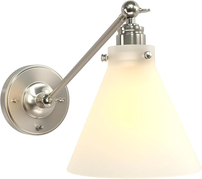 Industrial Vintage Slope Pole Wall Mount Single Sconce with Funnel Flared Clear Glass Shade, Swing Arm Wall Sconce Light Lamp Fixture Hardwired