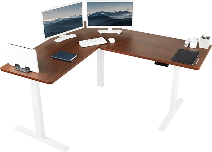 VIVO Electric Height Adjustable 67 x 60 inch Corner Stand Up Desk, 2 Dark Walnut Solid Table Tops, White Frame, Memory Controller, L-Shaped Workstation, 3E Series, DESK-KIT-3E6WD