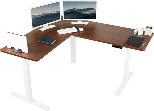 VIVO Electric Height Adjustable 67 x 60 inch Corner Stand Up Desk, 2 Dark Walnut Solid Table Tops, White Frame, Memory Controller, L-Shaped Workstation, 3E Series, DESK-KIT-3E6WD