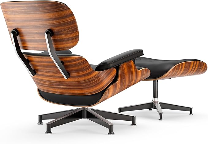 Top Black PU Leather, Mid Century Chaise Lounge Chair and Ottoman, Modern Chair Classic Design, Palisander Wood, Heavy Duty Base Support for Living Room Office