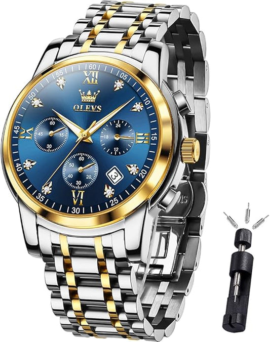 OLEVS Men's Luxury Watch Waterproof Luminous Easy Read Chronograph Watches Full Gold/White Dail/Black Face with Calendar Wristwatch