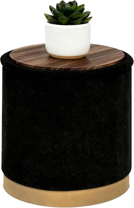 B FSOBEIIALEO Ottoman with Stroage, Round Boucle Storage Ottoman with Gold Plating Base,Foot Rest Stool for Dorm Room, Living Room Black, 16.73"x16.73"x17.72"